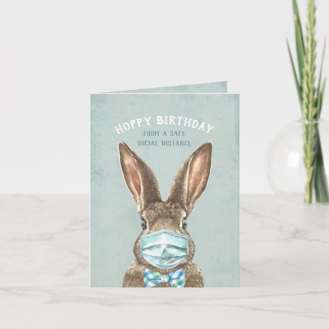 Bunny with Mask Social Distancing Happy Birthday Card (Front)
