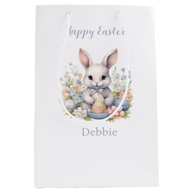 🐣🌸 Bunny with Pastel Flowers and Colourful Eggs Medium Gift Bag (Front)