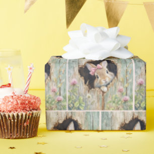 Bunny with Pink Bow Peeking from Fence Hole Wrapping Paper