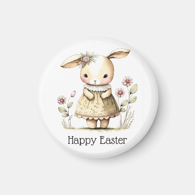 Bunny with pink flowers cute whimsical Easter Magnet (Front)