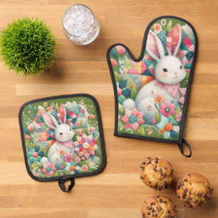 Bunny with Quilt and Flowers Oven Mitt & Pot Holder Set