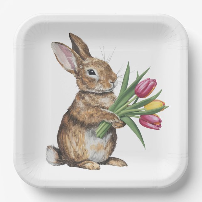 Bunny With Tulip Bouquet Paper Plate (Front)