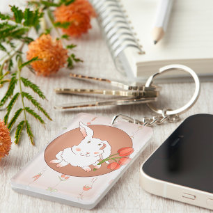 Bunny with Tulips Spring Holiday Rabbit Key Ring