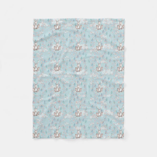 Bunny Wreath Clouds & Raindrops -Blue Fleece Blanket (Front)