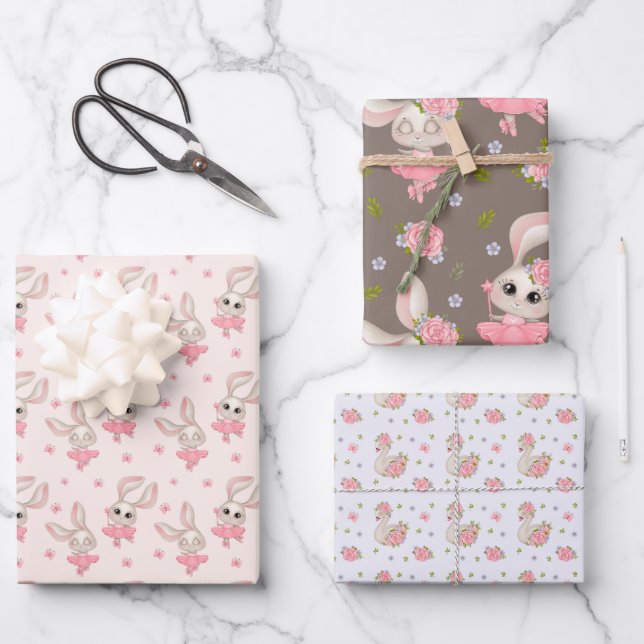Bunnys and SwansWrapping Paper Flat Sheet Set of 3 (Front)