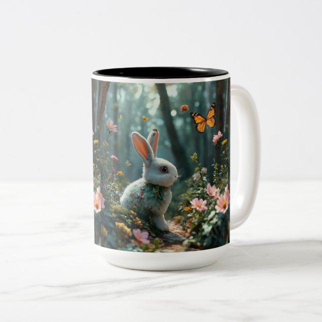 "Bunny's Blooming Haven: A Floral Forest Adventure Two-Tone Coffee Mug (Front Right)