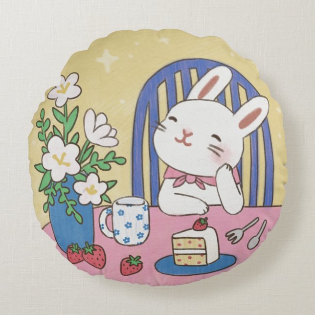 Bunny's Tea Time Illustration Round Cushion (Front)