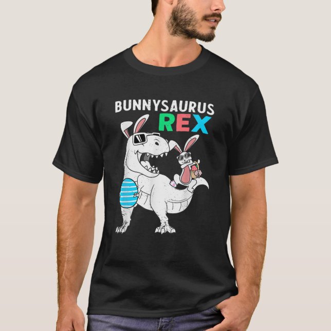 Bunnysaurus Easter Bunny Riding Dinosaur T Rex Egg T-Shirt (Front)