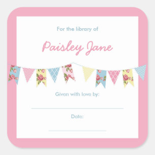 Bunting Banner Girl Baby Shower Bookplates Square Sticker