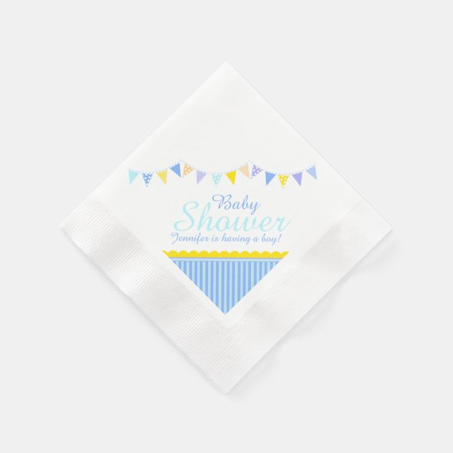 Bunting blue named baby shower boy paper napkin (Corner)