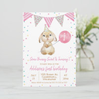 Bunting Flag Fluffy Bunny 1st Birthday Invitation