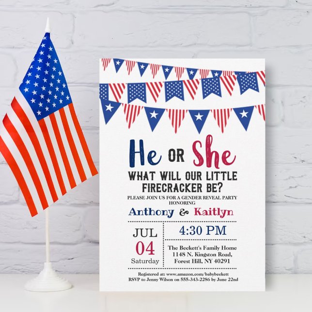 Bunting Flags 4th Of July Gender Reveal Party Invitation (Creator Uploaded)