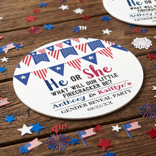 Bunting Flags 4th Of July Gender Reveal Party Round Paper Coaster