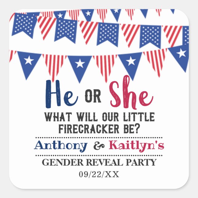 Bunting Flags 4th Of July Gender Reveal Party Square Sticker (Front)