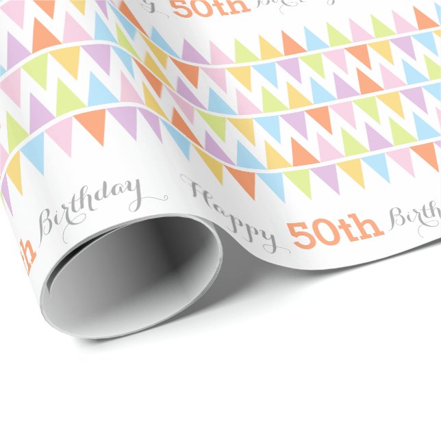 Bunting flags white birthday age 50 patterned wrap wrapping paper (Roll Corner)