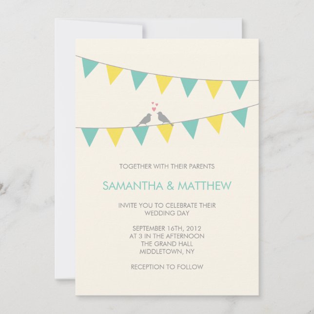 Bunting Love Birds Wedding Invitation  Blue Yellow (Front)