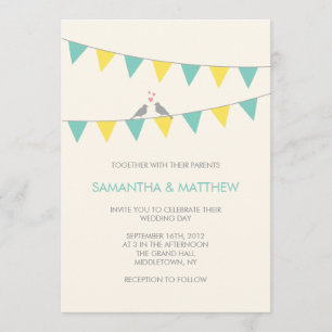 Bunting Love Birds Wedding Invitation Blue Yellow