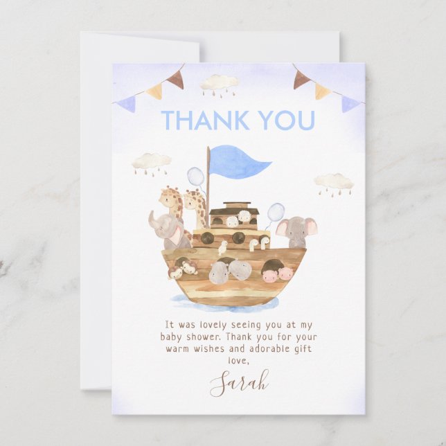 Bunting Noah's Ark Boys Baby Shower Thank You Card (Front)