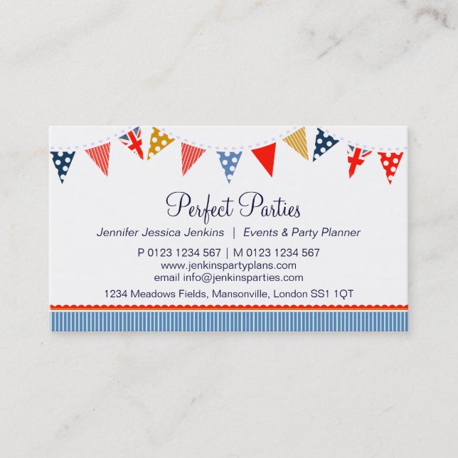 Bunting party event planning blue business cards (Front)