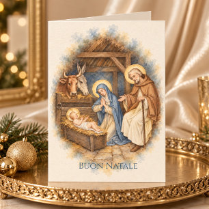 Buon Natale Christmas Card Vintage Nativity & Fl