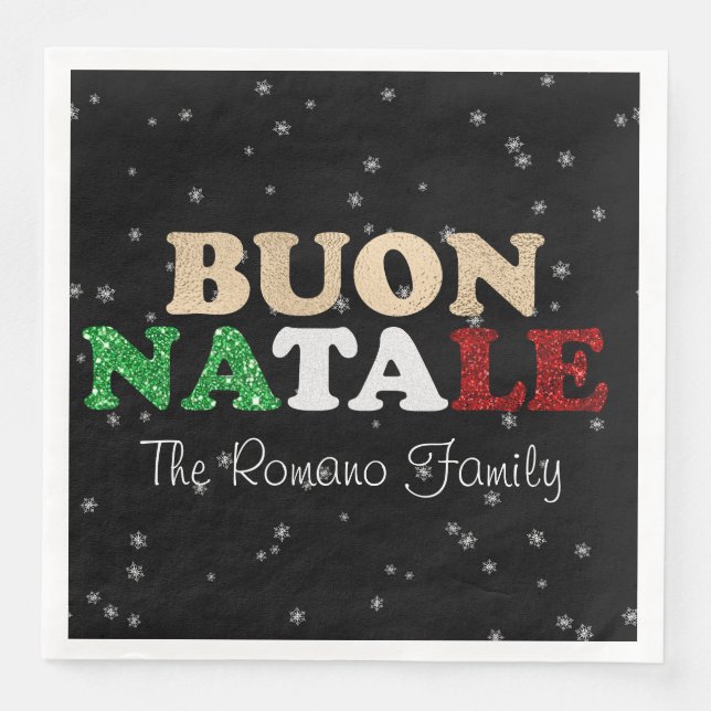 Buon Natale Family Name Italian Christmas on Black Napkin (Front)