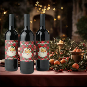 Buon Natale  (Family name) Vintage Santa plaid Wine Label