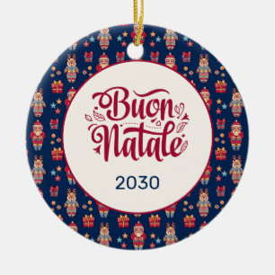 Buon Natale Folk Santa Reindeer Blue Custom Ceramic Tree Decoration