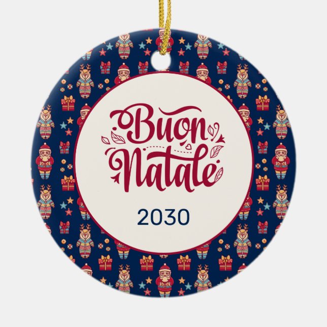 Buon Natale Folk Santa Reindeer Blue Custom Ceramic Tree Decoration (Front)