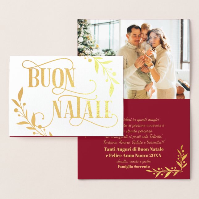 Buon Natale Gold Berries Red Family Photo Foil Card (Display)
