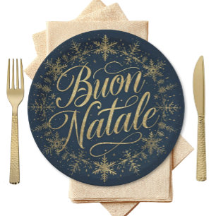 Buon Natale Italian Christmas - Navy & Gold Paper Plate