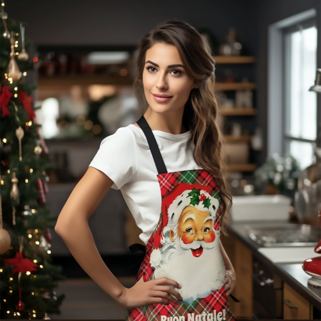 Buon Natale Italian Christmas Santa Plaid Apron (Vintage Santa Buon Natale
Cutomized Red Plaid Christmas Apron)