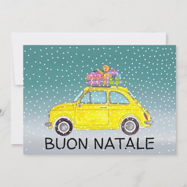 Buon Natale Italian  Christmas yellow Fiat 500  Holiday Card (Front)
