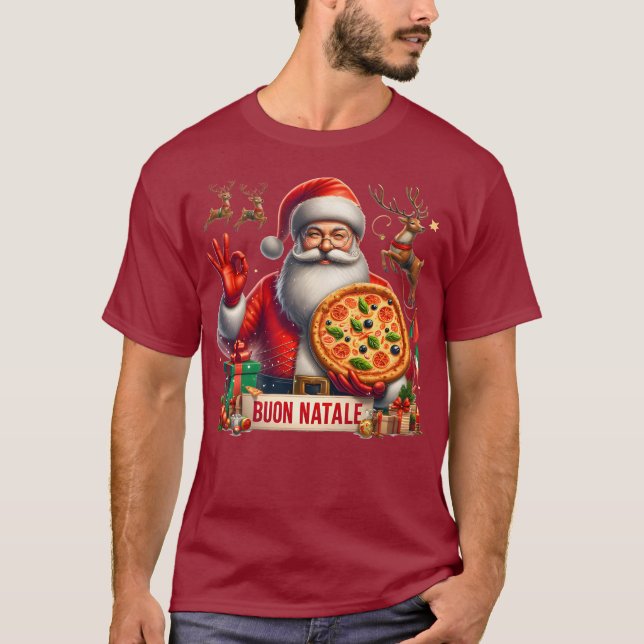 Buon Natale Italian Santa with Pizza & Reindeer  T-Shirt (Front)