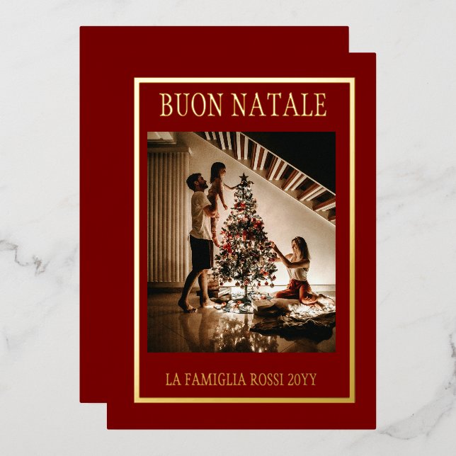 Buon Natale Maroon & Gold Simple Modern Photo (Front/Back)