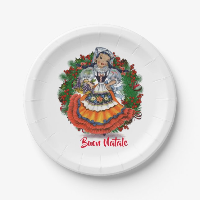 Buon Natale Merry Christmas Italian Retro Doll Paper Plate (Front)