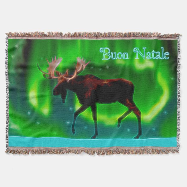 Buon Natale - Northern Lights Moose Throw Blanket (Front)