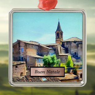 Buon Natale Orvieto Italy Hillside and Church Metal Tree Decoration