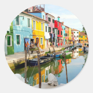 Burano island near Venice, Rainbow Houses in Italy Classic Round Sticker