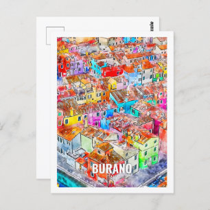 Burano Italy Famous Travel Place Watercolor Postcard