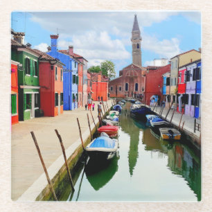 Burano, Italy Italian Colorful Houses & Boat Canal Glass Coaster