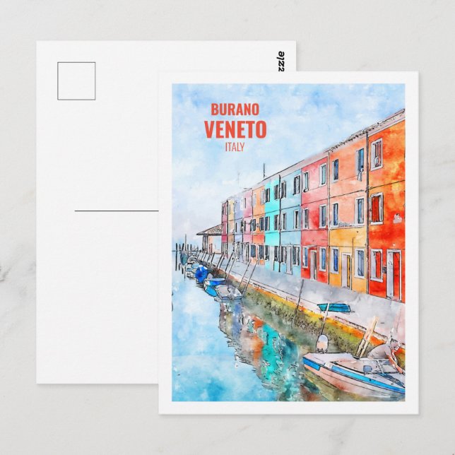 Burano Veneto Italy Famous Travel Watercolor  Postcard (Front/Back)