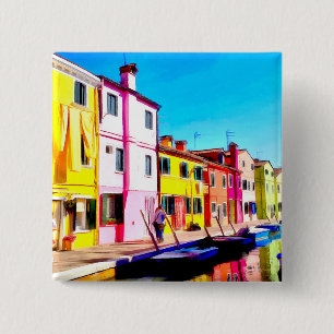 Burano, Venice watercolor painting 15 Cm Square Badge
