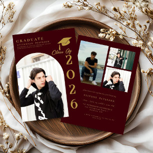 Burdundy and Gold Photo Graduation Invitation