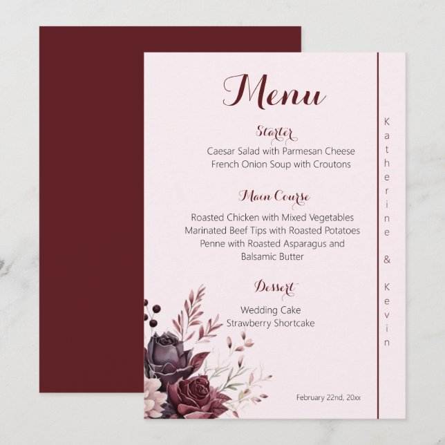 Burgandy Dusty Rose Floral Wedding  Menu  (Front/Back)