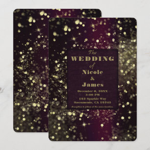 Burgandy & Gold Sparkling Lights Glam Wedding Invitation