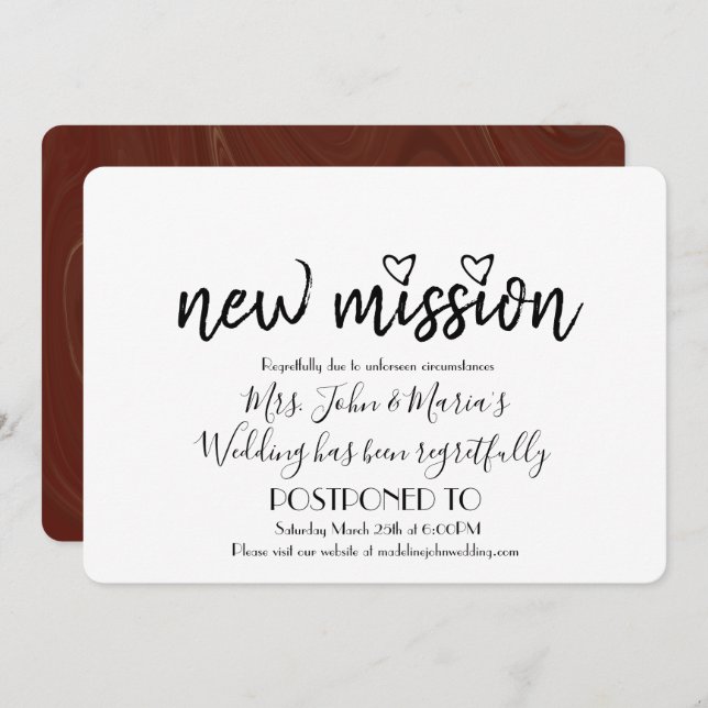 Burgandy Marble New Mission Wedding Date Change Invitation (Front/Back)