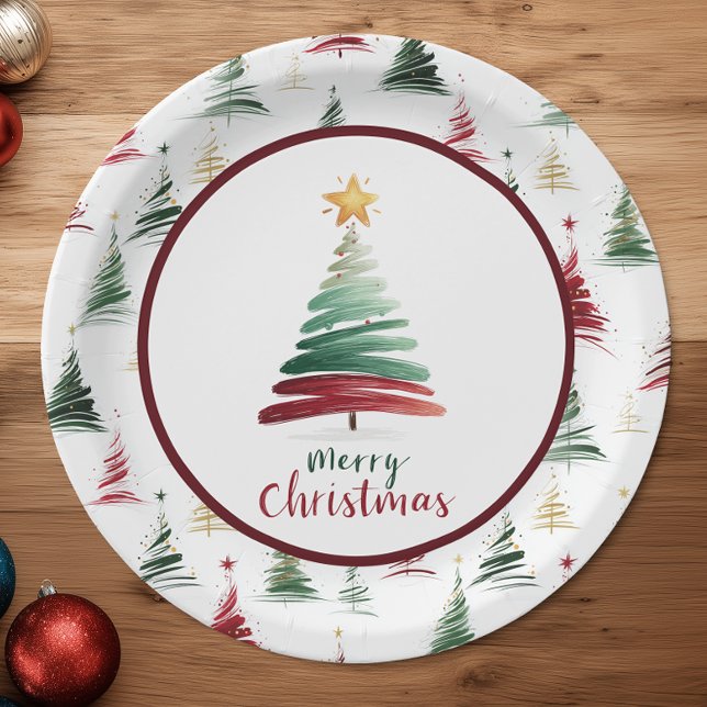 Burgandy Minimalist Christmas Tree Pattern Paper Plate (Creator Uploaded)