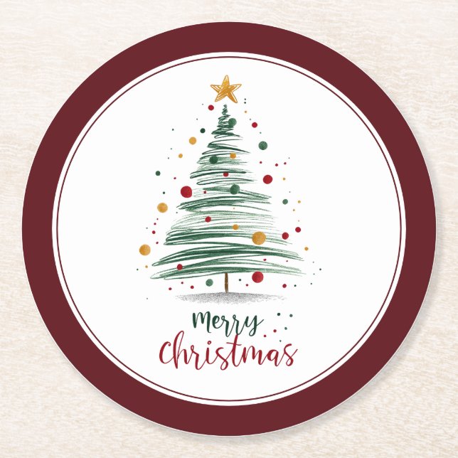 Burgandy Modern Christmas Tree Round Paper Coaster (Front)