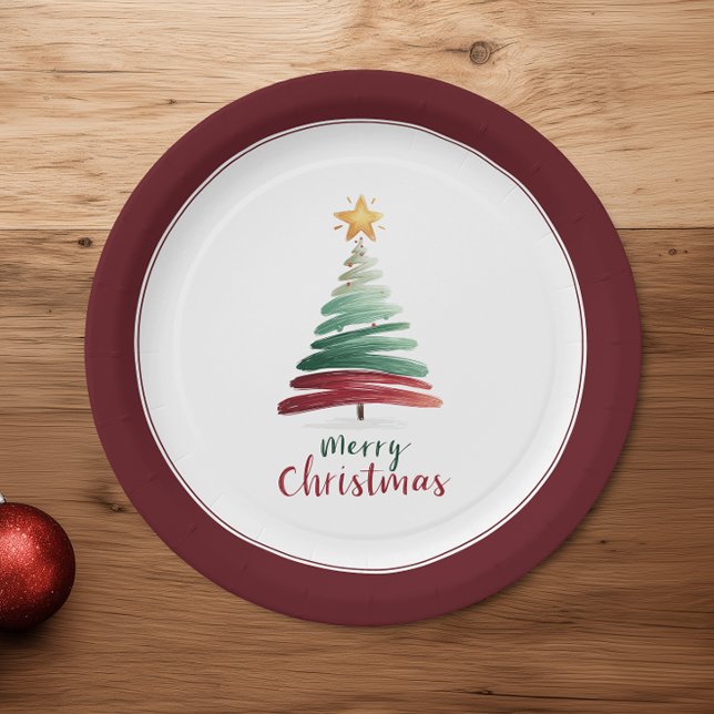 Burgandy Modern Minimalist Christmas Tree  Paper Plate (Creator Uploaded)