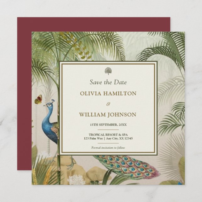 Burgandy Square Tropical Peacock Palm Save The Date (Front/Back)